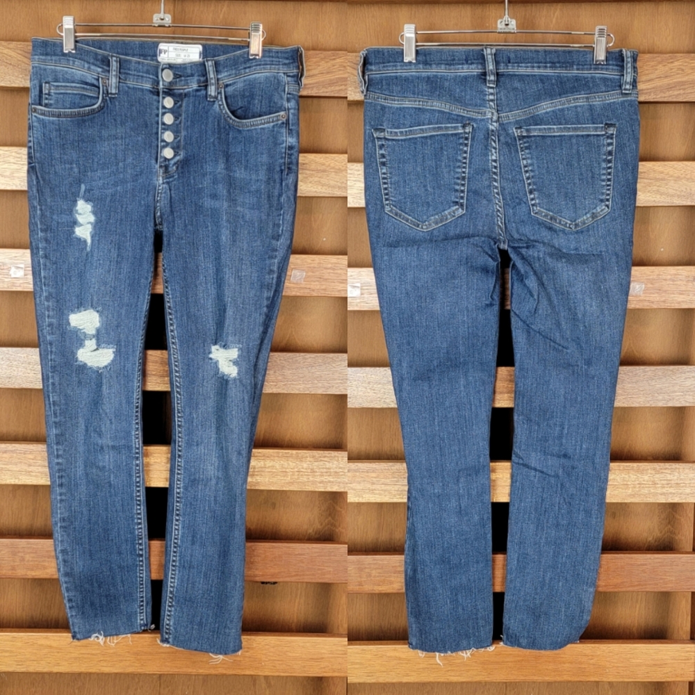 Free People Dark Blue High-Rise Distressed Skinny Jeans